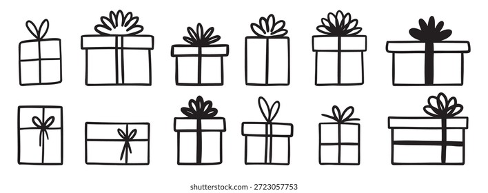 Geschenkbox doodle. Geschenk Doodle Bogen mit Band Illustration. Präsentieren Sie ein handgezeichnetes Symbol als dekoratives Umrisselement. Vektorgrafik