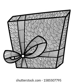 Gift box with doodle geometric pattern. Holiday present for coloring, easy to change colors in object. Gift package for Christmas or Birthday.
