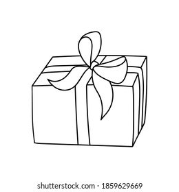 Gift box doodle icon with ribbon and bow. Present outline sketch. Christmas, Surprise, Birthday package. Vector illustration.