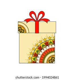 Gift box with a doodle pattern, ribbon and bow on a white background. Decorative element for the design of greeting cards, invitations