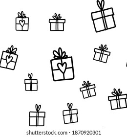 Gift box doodle seamless pattern. Present with ribbons texture drawings. Texture of holiday season presents. Christmas background.