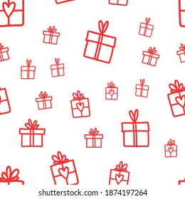 Gift box doodle seamless pattern. Present with ribbons texture drawings. Texture of holiday season presents. Christmas background.