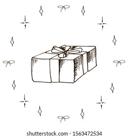 Gift box doodle. Simple hand drawn gift box, one, isolated on white.
Vector illustration.