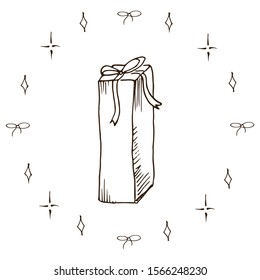 Gift box doodle. Simple, hand drawn vertical and narrow gift box. One, isolated on white. Vector illustration.