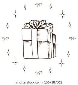 Gift box doodle. Simple hand drawn gift box, one, isolated on white.
Vector illustration.