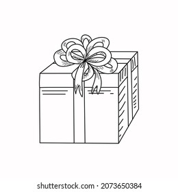 Geschenk in einer Schachtel im Doodle-Stil. Festliche Verpackung mit einer Überraschung, ein Geschenk. Vektormonochrome Illustration auf weißem, isoliertem Hintergrund.