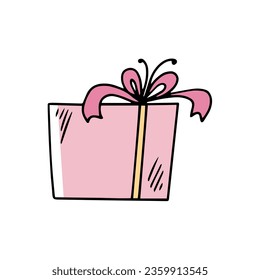 Gift Box in doodle style on a white background. Festive concept. Hand drawn vector colored outline icon.