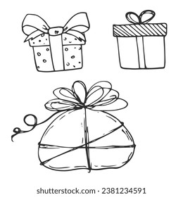 Gift box doodles, hand drawn christmas present boxes and gifts