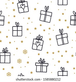 Gift box doodles seamless pattern. Christmas present with ribbons texture background with stars and snowflakes. Merry christmas design. 