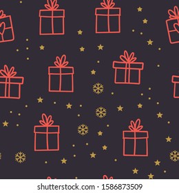 Gift box doodles seamless pattern. Christmas present with ribbons texture background with stars and snowflakes. Merry christmas design. 