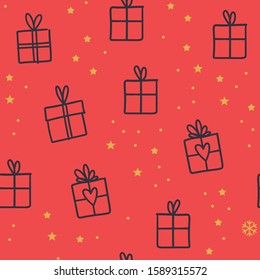 Gift box doodles seamless pattern. Christmas present with ribbons texture background with stars and snowflakes. Merry christmas design. 