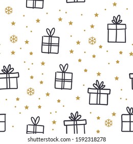 Gift box doodles seamless pattern. Christmas present with ribbons texture background with stars and snowflakes. Merry christmas design. 