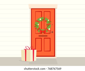 Gift box at door. Vector illustration