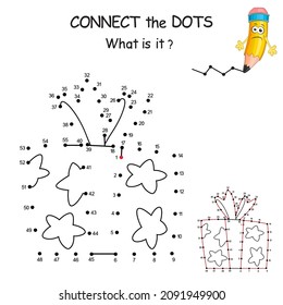 Gift Box. Dot to dot game. Connect all dots and you see which winter symbol is hidden on the picture. Join the dots by numbers to draw cartoon Present box for holiday. Education Game and Coloring Page