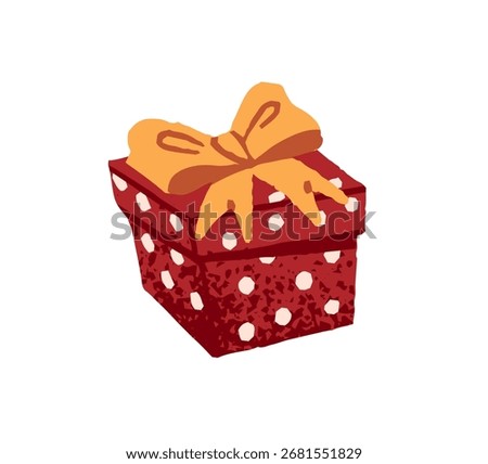 Gift box with dot wrapping, ribbon bow. Wrapped package of Christmas or Birthday present. Patterned Xmas surprise. Festive giftbox for holiday. Flat isolated vector illustration on white background