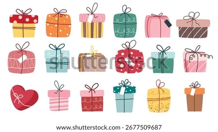 Gift box drawing clipart set. Colorful Birthday Gifts boxes elements clip art collection for holiday surprise party celebration with printed design vector illustration.
