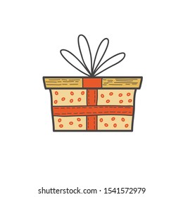 Gift box drawing. Vector color hand drawn illustration in doodle style.