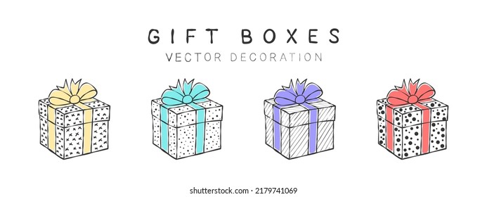Gift box drawings. Conceptual gift boxes. Drawings decor elements. Vector illustration