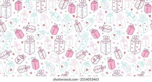 Gift box drawings. Pattern, line art. Beautiful holiday packaging drawn with one line. Heart shape, confetti. Holiday, Birthday, Valentine's Day. Seamless background.