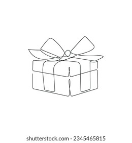 Gift box drawn in one continuous line. One line drawing, minimalism. Vector illustration.