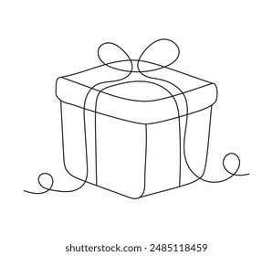 A gift box drawn with a single line. The icon of the gift package. A festive box with a bow. Vector illustration. It can be used in web design, advertising, and printing.