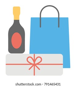 A gift box, drink bottle and a shopping bag showing flat icon of celebration products shopping
