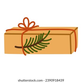 Caja de regalo con envoltura de papel ecológico con bidones y bifurcación de hojas verdes. Regalo navideño decorado con hojas. Paquete moderno con dos camas, de estilo rústico. Ilustración vectorial plana aislada