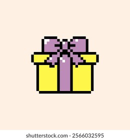 Gift box emoji. Present box pixel art icon. Colorful retro sticker. Editable pixel vector illustration. Cute badge. Game abstract element. Y2k modern geometric shape for collage, poster. Mood of 90s