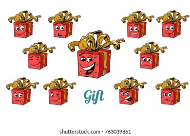 Gift box emotions emoticons set isolated on white background. Comic book cartoon pop art illustration retro vector