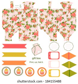 Gift box with empty labels template. Party kit. Abstract floral shabby chic pattern, classic country roses. Empty label. 