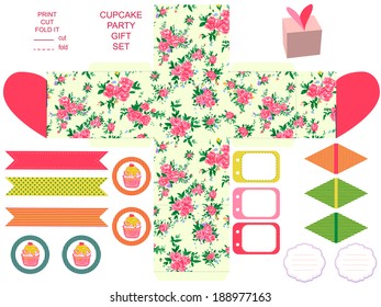 Gift box with empty labels template. Party kit. Abstract floral shabby chic pattern, classic country roses. Empty label. 