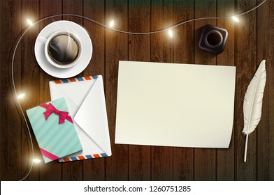 Gift box with envelope, blank sheet of paper and a cup of coffee. New Year or Christmas card. Vector illustration.