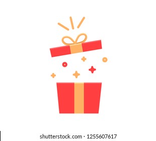 Gift box exploding with sparkles and confetti. Vector flat icon illustration for birthday, christmas, promotions, contests, marketing, etc