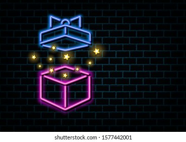 Gift box explosion, Colorful Neon light style on dark brick wall background.copy space.