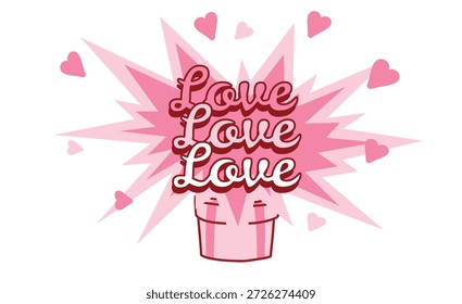 Una caja de regalo y una explosión de corazones y las palabras "amor". Tarjeta de San Valentín con corazones. Una tarjeta de San Valentín alegre con. Una tarjeta de estilo retro y vintage
