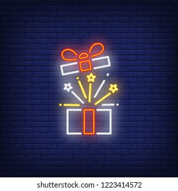 Gift box explosion neon sign. Holiday advertisement design. Night bright neon sign, colorful billboard, light banner. Vector illustration in neon style.