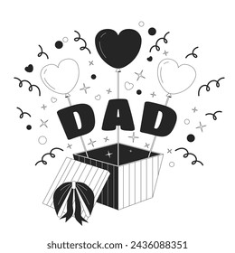 Caja de regalo padre día blanco y negro concepto de ilustración 2D. Objeto de contorno de dibujos animados de sorpresa de cumpleaños de papá de regalo abierto aislado en blanco. Papi presente corazones hacia fuera caja metáfora arte vectorial monocromo