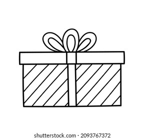 Gift box with festive ribbon and a bow isolated on white background. Vector hand-drawn illustration in doodle style. Perfect for holiday and Christmas designs, cards, decorations, logo.