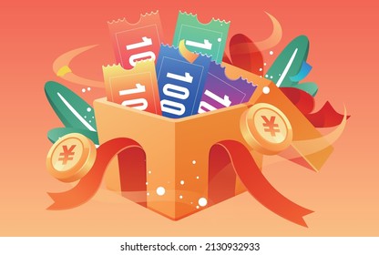 Gift box filled with coupons and gold coins, business finance, vector illustration