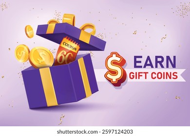 Gift Box Filled With Dollar Gold Coins And 60% Off Discount Coupon. Vector Illustration Concept for Discount Sale, Shopping Save, Cashback Rewards