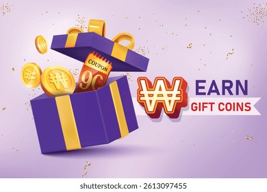 Gift Box Filled With Korean Won Gold Coins And 90% Off Discount Coupon. Vector Illustration Concept for Discount Sale, Shopping Save, Cashback Rewards