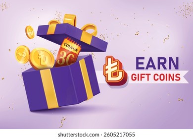 Gift Box Filled With Türkiye Lira Gold Coins And 30% Off Discount Coupon. Vector Illustration Concept for Discount Sale, Shopping Save, Cashback Rewards
