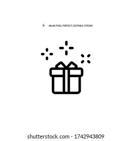 Gift box and fireworks simple line icon vector illustration. Editable stroke. 48x48 Pixel Perfect.