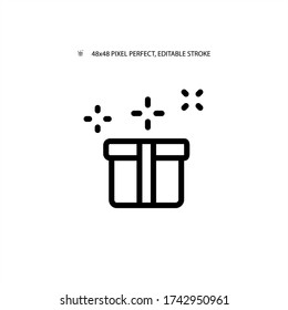 Ilustración de vectores de línea simple con caja de regalo y fuegos artificiales. Trazo editable. 48x48 Pixel Perfecto.