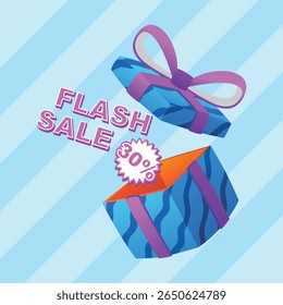 Gift Box Flash Sale Promotion Present with Bright Colorful Wrapper Cartoon Vector