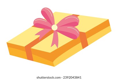 Caja de regalo de juego de dibujos animados planos. Esta ilustración es una obra maestra de color y creatividad, mostrando una caja de regalo amarilla meticulosamente adornada en toda su gloria. Ilustración vectorial.