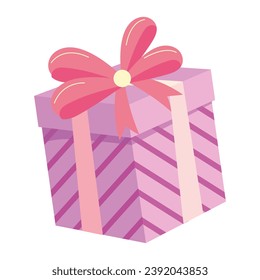Caja de regalo de juego de dibujos animados planos. Una caja de regalo meticulosamente hecha ocupa el centro del escenario, adornada con una sinfonía de tonos y patrones vibrantes que evocan un sentido de alegría y anticipación. Ilustración vectorial.