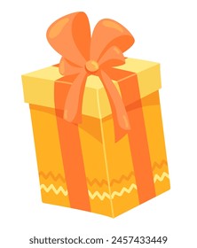 Caja de regalo en diseño plano. Festiva presente con cinta y arco para el saludo. Ilustración vectorial aislada.