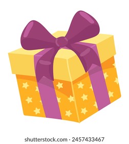 Gift box in flat design. Present in orange wrapping paper with stars and bow. Vector illustration isolated.