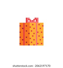 Gift box flat icon. Birthday present. Pixel art style. Web site design. 8-bit. Video game sprite. Isolated abstract vector illustration. Game assets.